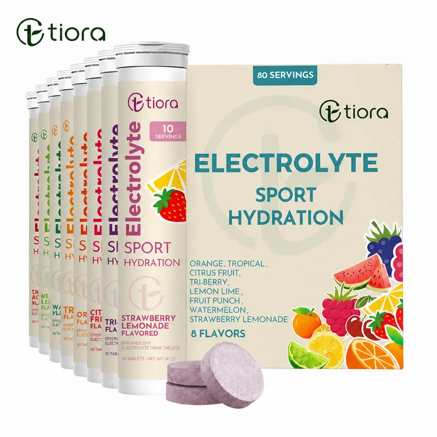 TIORA electrolyte effervescent tablet tubes and eight-flavor carton presentation