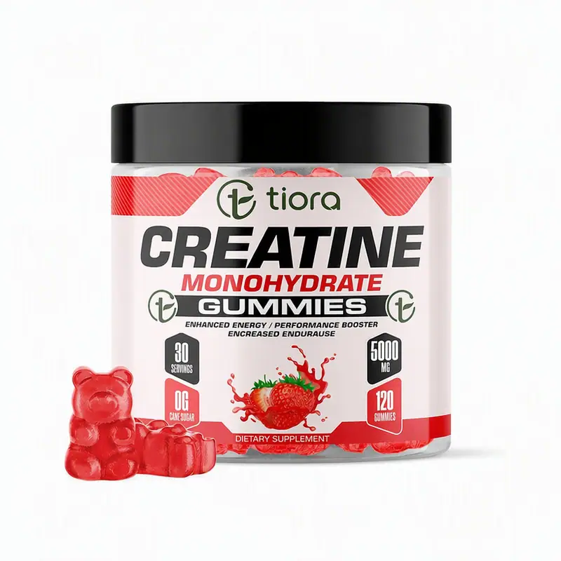 TIORA creatine monohydrate gummies jar and red gummies