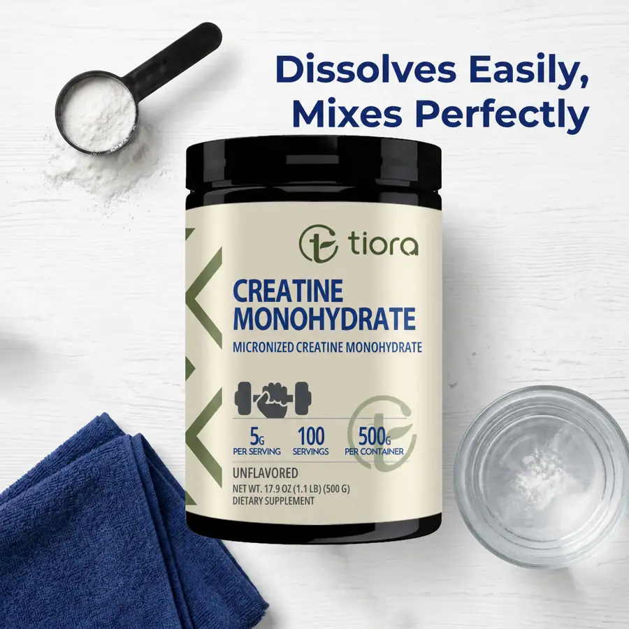 TIORA creatine monohydrate powder jar with scoop and a glass of mixed powder