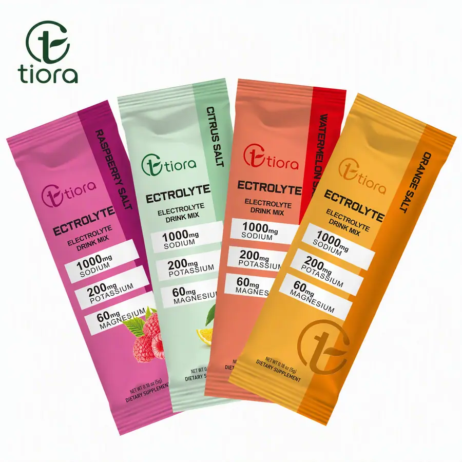 TIORA electrolyte drink mix stick packs in four flavors