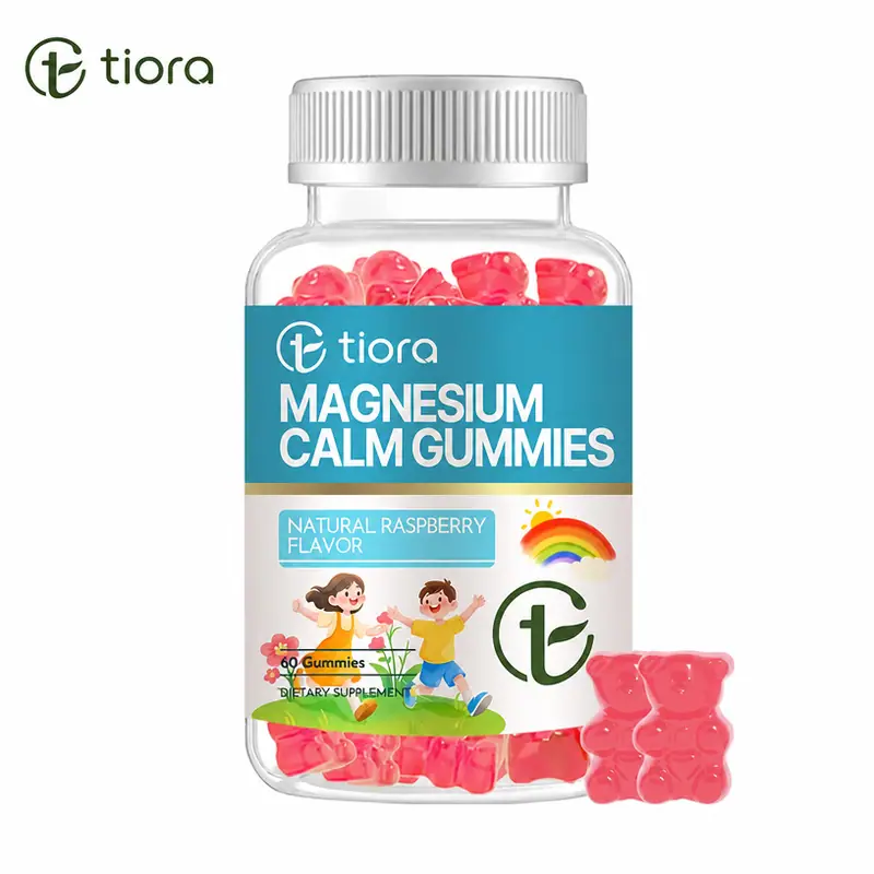 TIORA Magnesium Calm Gummies jar with raspberry-flavored red gummies and child-themed label